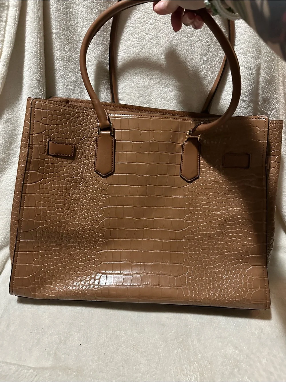 Michael Kors Cognac Brown Leather & Suede Tote with Croc-Emboss